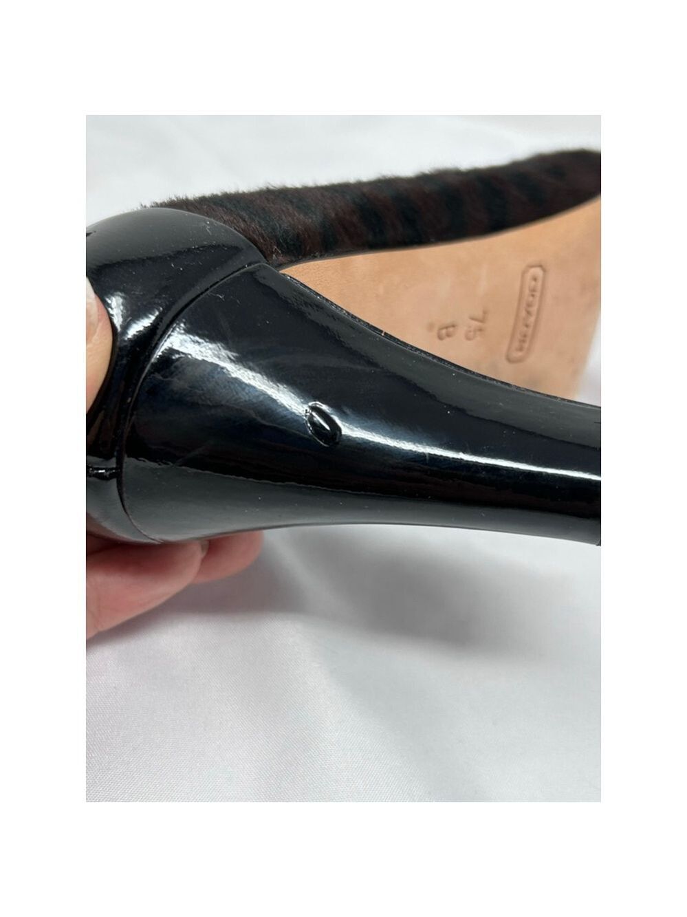 Coach Poppy Black Calf Hair Tiger Stripe Patent Pumps 7.5 Purple Insole - Picture 8 of 10